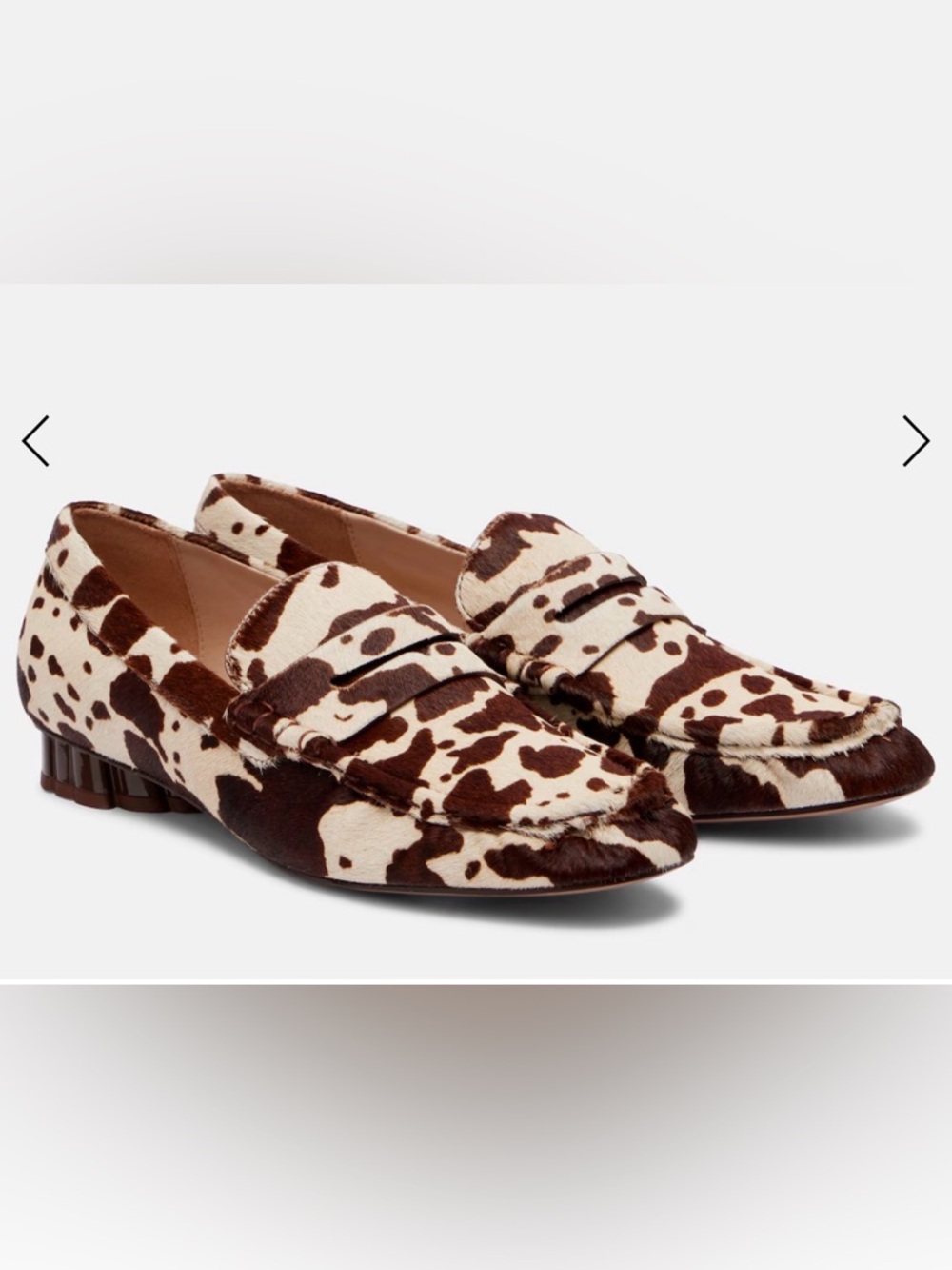 FARM Rio Monstera Heel Cow-Print Penny Loafers in Brown & Cream, NIB, Various